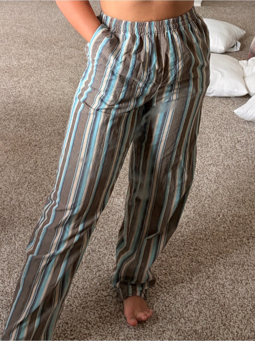 Striped Straight-Leg Lightweight Pants in Brown & Blue